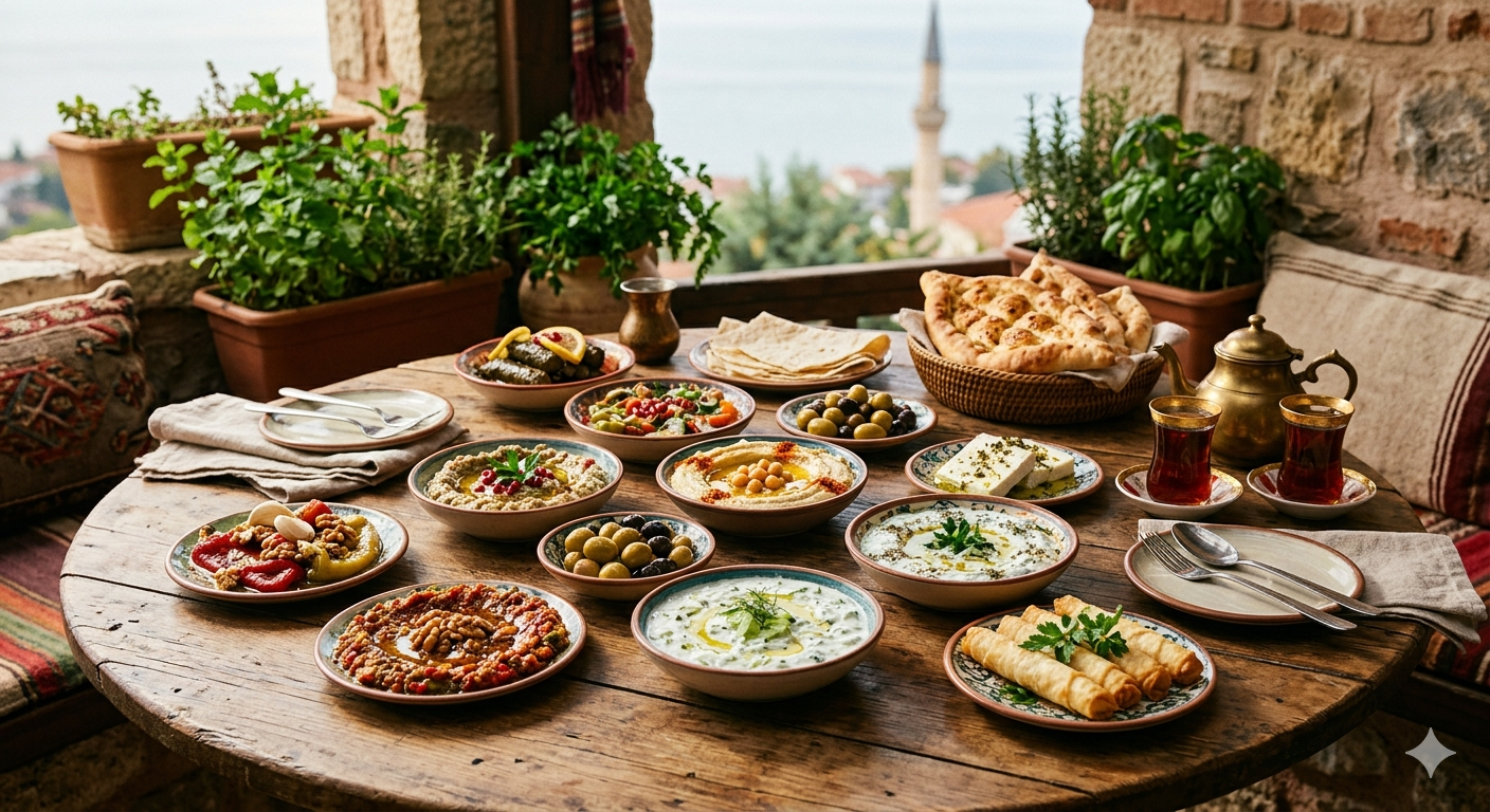 eine Vielfalt an Meze auf dem Tisch